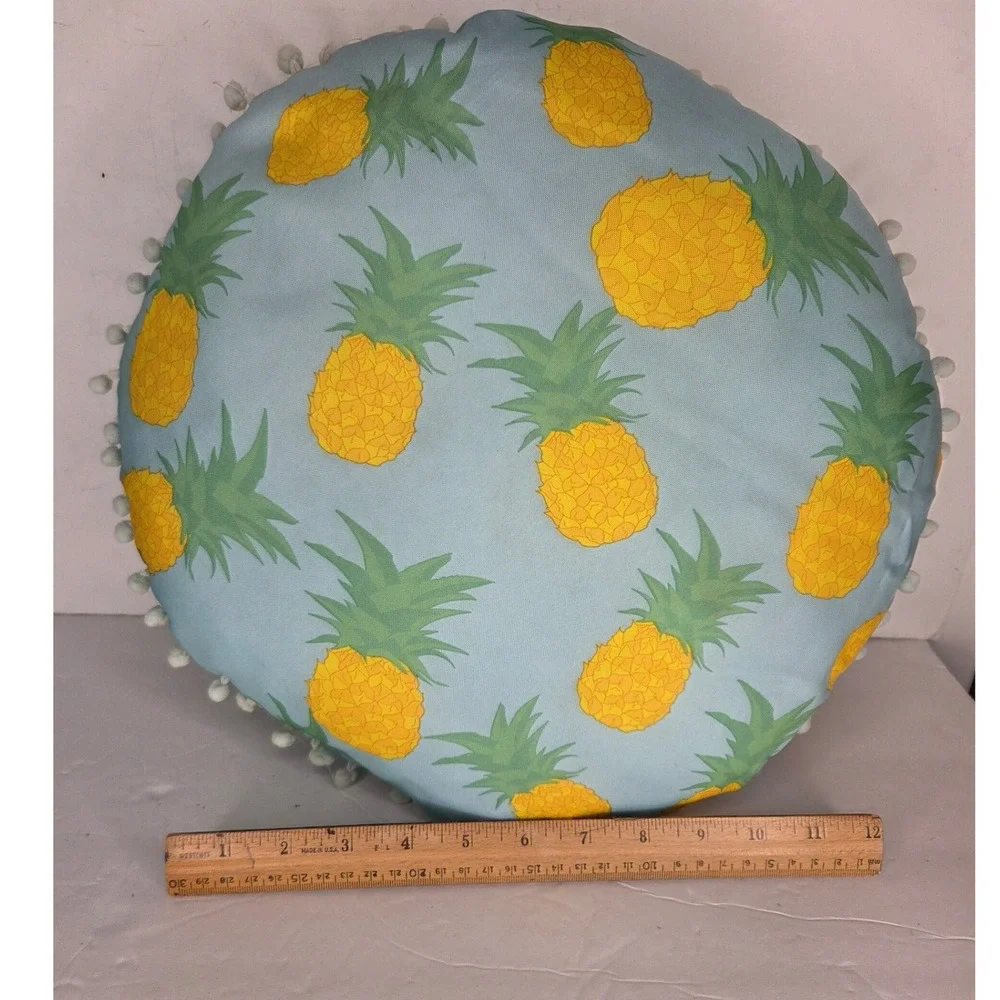 Round Pineapple Print Throw Pillow Light Blue Pom Pom Trim Tropical Decor 12in